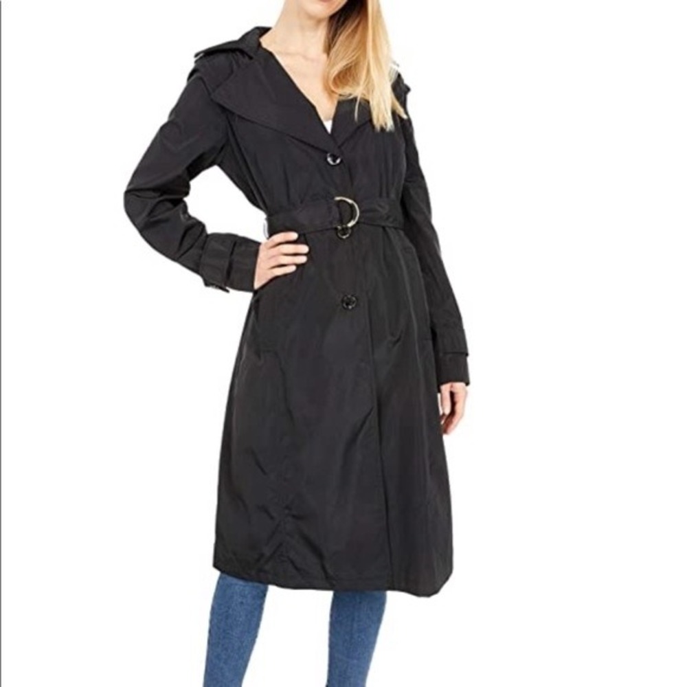 Via Spiga Black Trench Coat M Belted Hooded Raincoat Long‎ Gold Hardware Zip